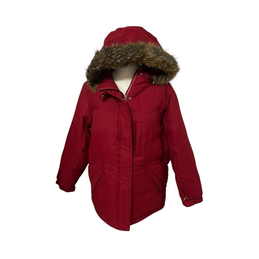 LAUREN RALPH LAUREN Red Down Fill Faux Fur Hood Cinch Waist Puffer Winter Jacket